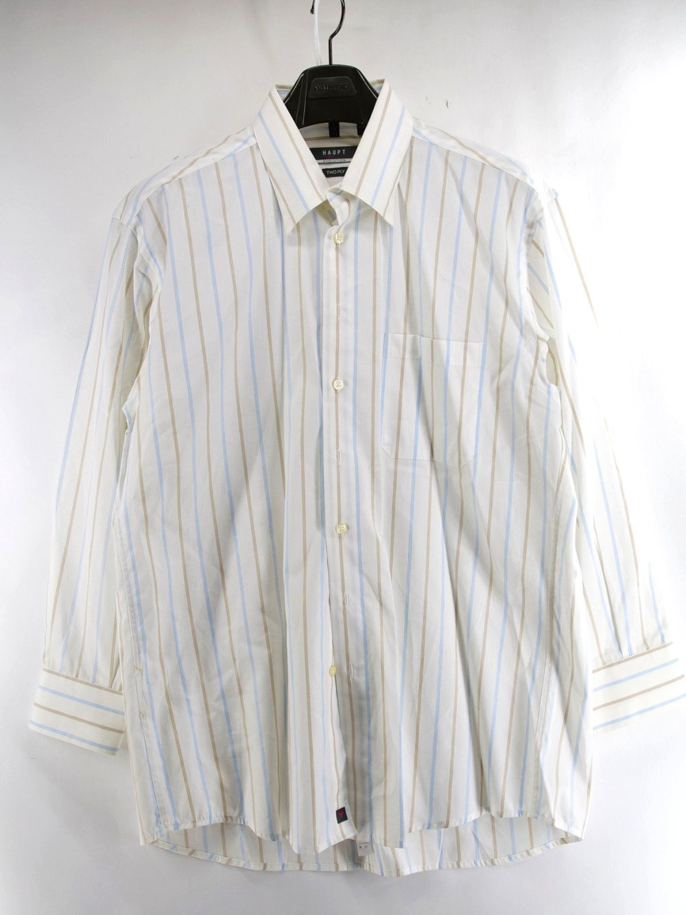 HAUPT Shirt LARGE Button Up striped 42 16.5 Size L Two Ply White Blue